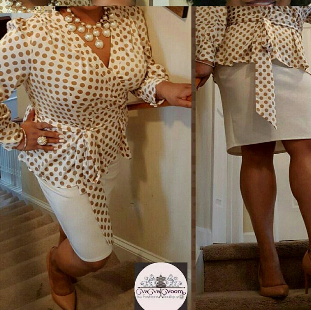 Pokadot Tan and cream (off white) Blouse with tie